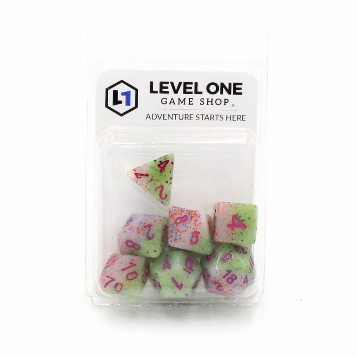 "Kiwi Berry" - Green and Pink Particle Layer - Polyhedral Dice (7) - Level One Dice - Image 2