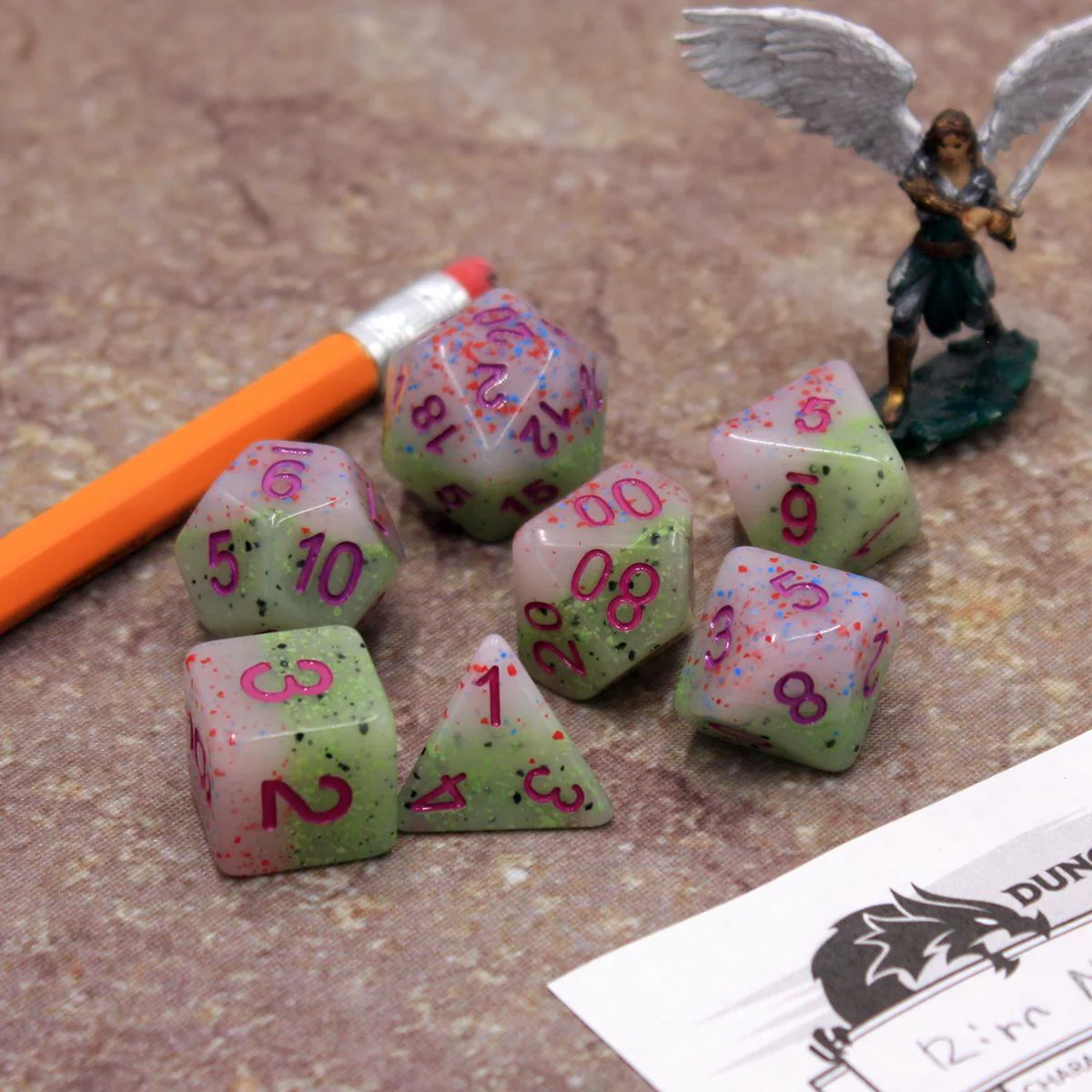 "Kiwi Berry" - Green and Pink Particle Layer - Polyhedral Dice (7) - Level One Dice - Image 5