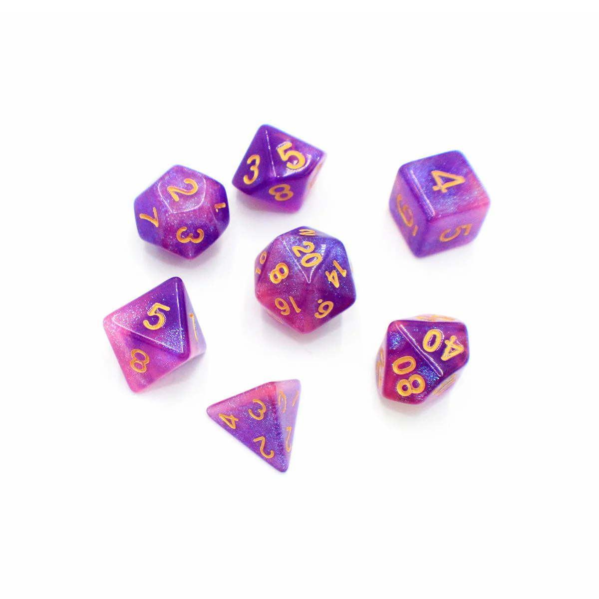 "Love Potion" - Pink and Purple with Gold Sparkle Swirl - Polyhedral Dice (7) - Level One Dice