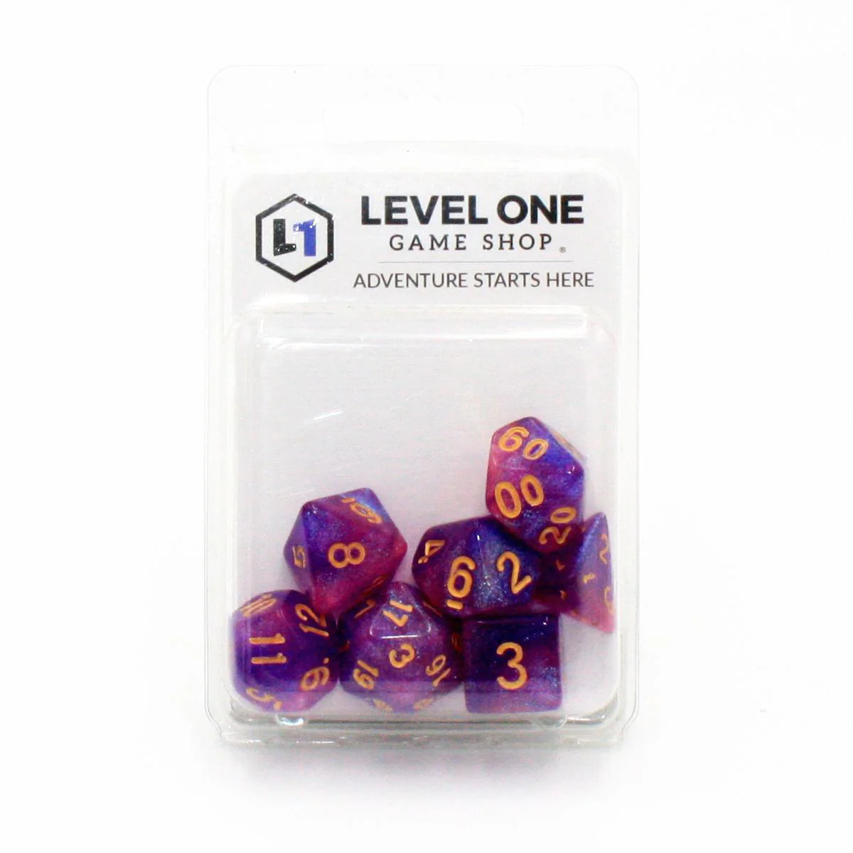 "Love Potion" - Pink and Purple with Gold Sparkle Swirl - Polyhedral Dice (7) - Level One Dice - Image 2