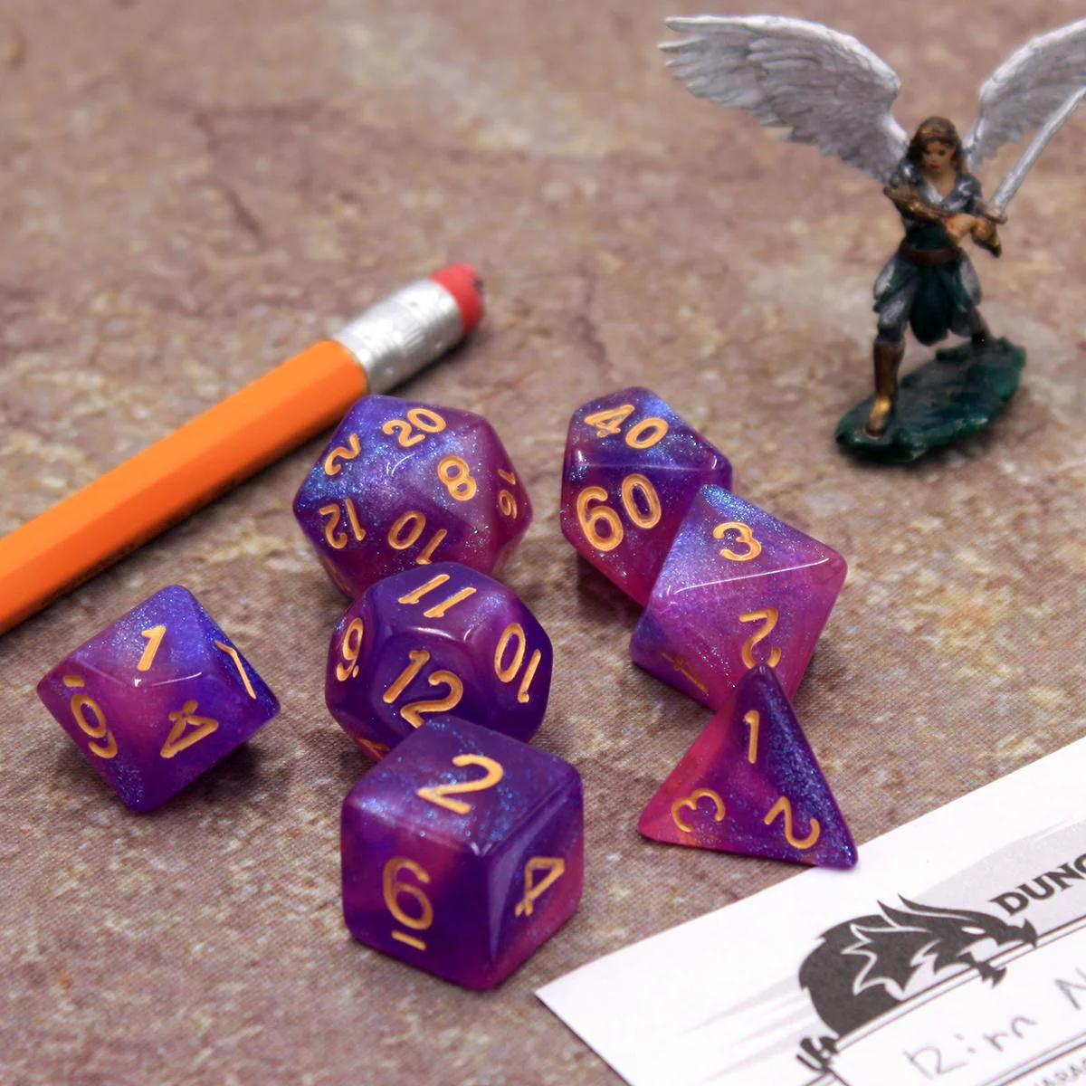 "Love Potion" - Pink and Purple with Gold Sparkle Swirl - Polyhedral Dice (7) - Level One Dice - Image 5