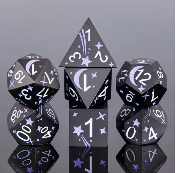 "Lunar Spell" - Black with Violet and White - Metal Polyhedral Dice (7) - Level One Dice