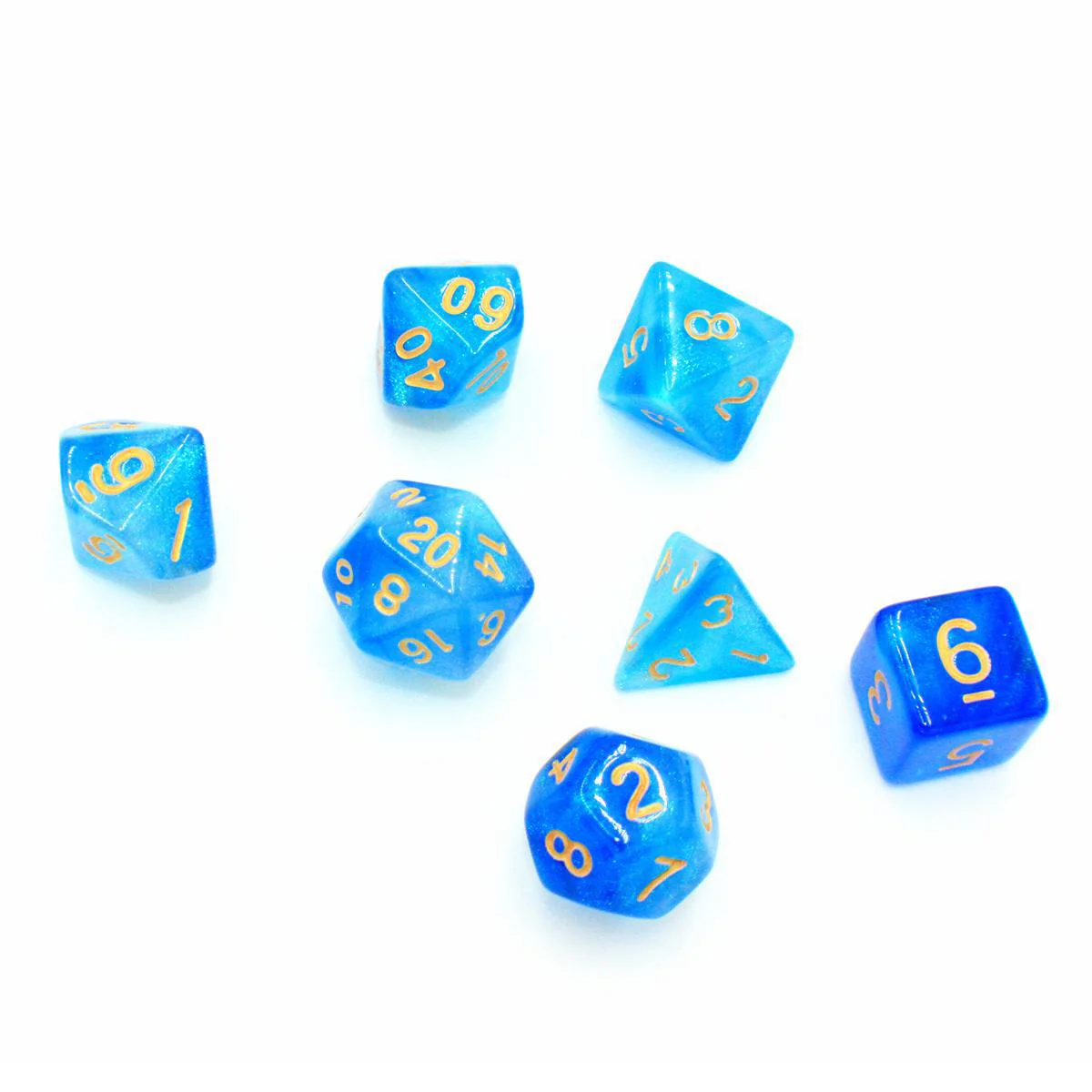 "Mana Potion" - Blue with Gold Sparkle Swirl - Polyhedral Dice (7) - Level One Dice