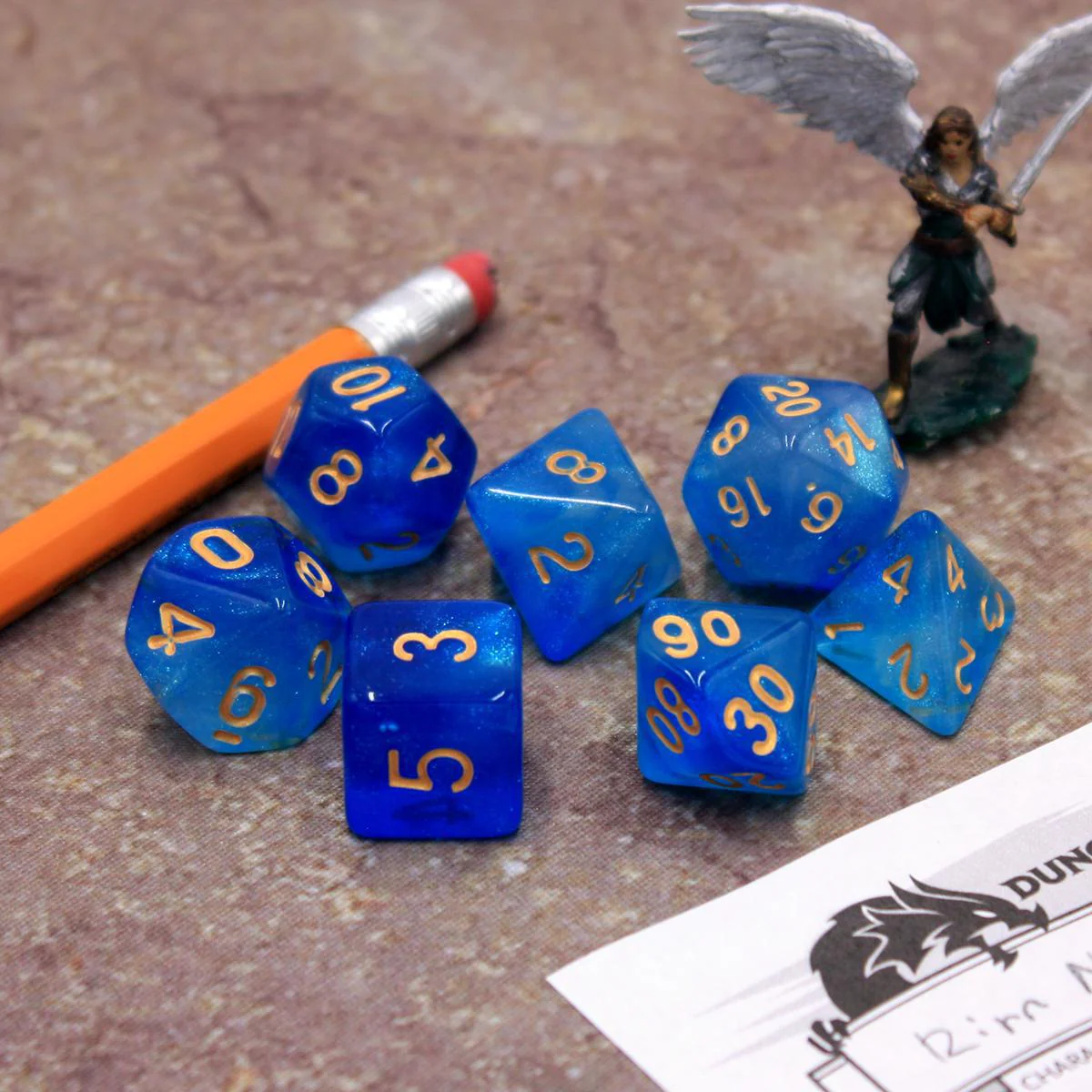 "Mana Potion" - Blue with Gold Sparkle Swirl - Polyhedral Dice (7) - Level One Dice - Image 5