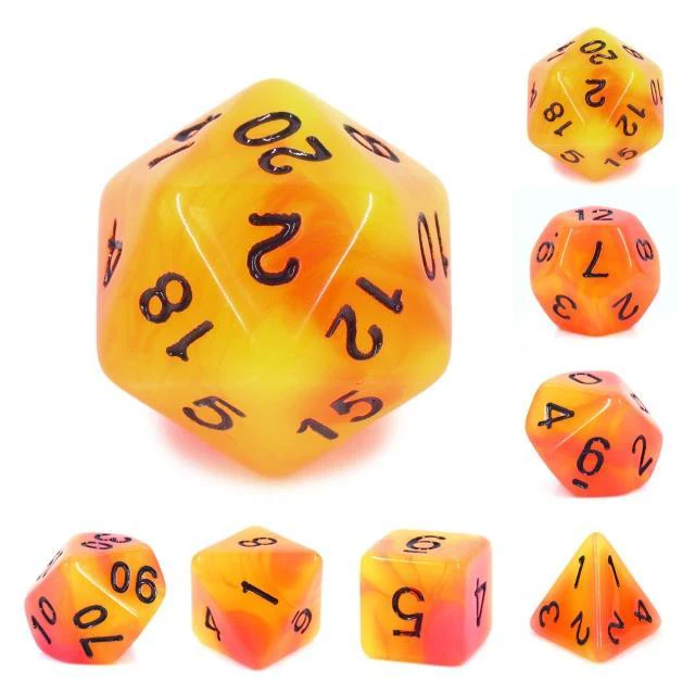 "Mango Salsa" - Yellow and Orange Swirl with Black Inking - Polyhedral Dice (7) - Level One Dice