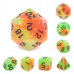 "Mango Salsa" - Yellow and Orange Swirl with Black Inking - Polyhedral Dice (7) - Level One Dice - Image 2