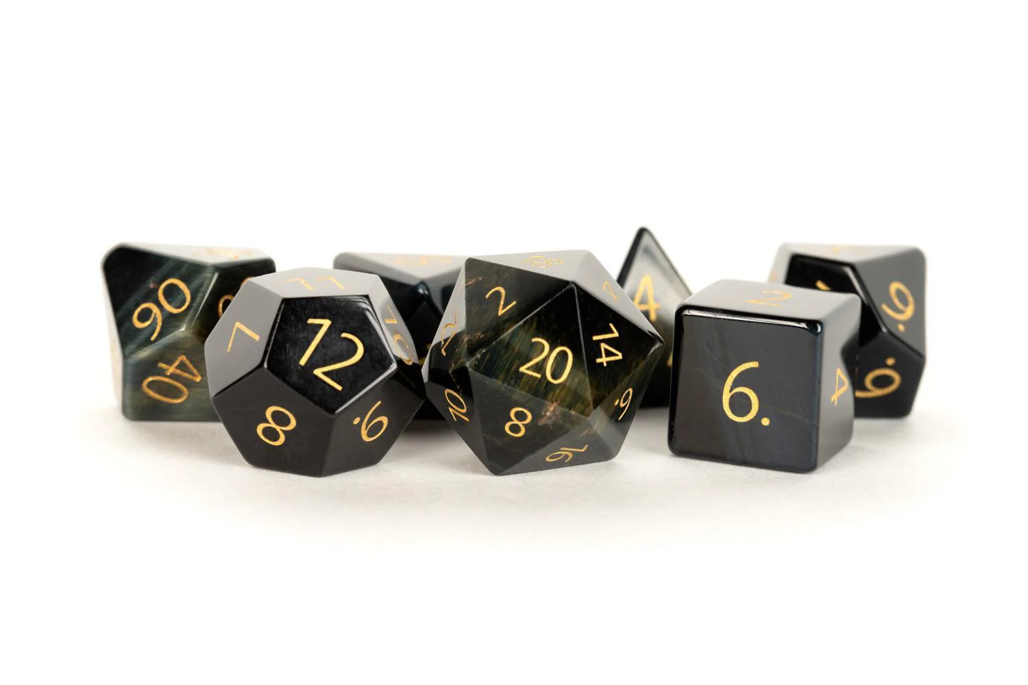 Metallic Dice Games: Engraved Blue Tiger's Eye Gemstone - Polyhedral Dice Set (7)