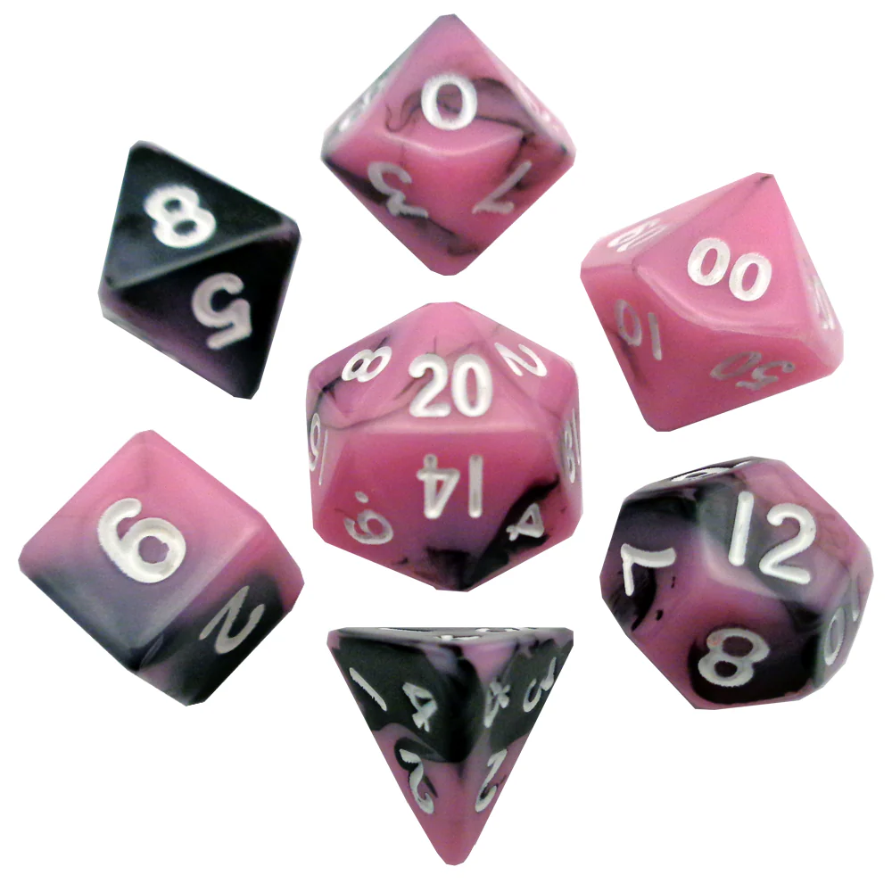 Metallic Dice Games: Pink/Black with White Numbers 10mm - Mini Polyhedral Dice Set (7)