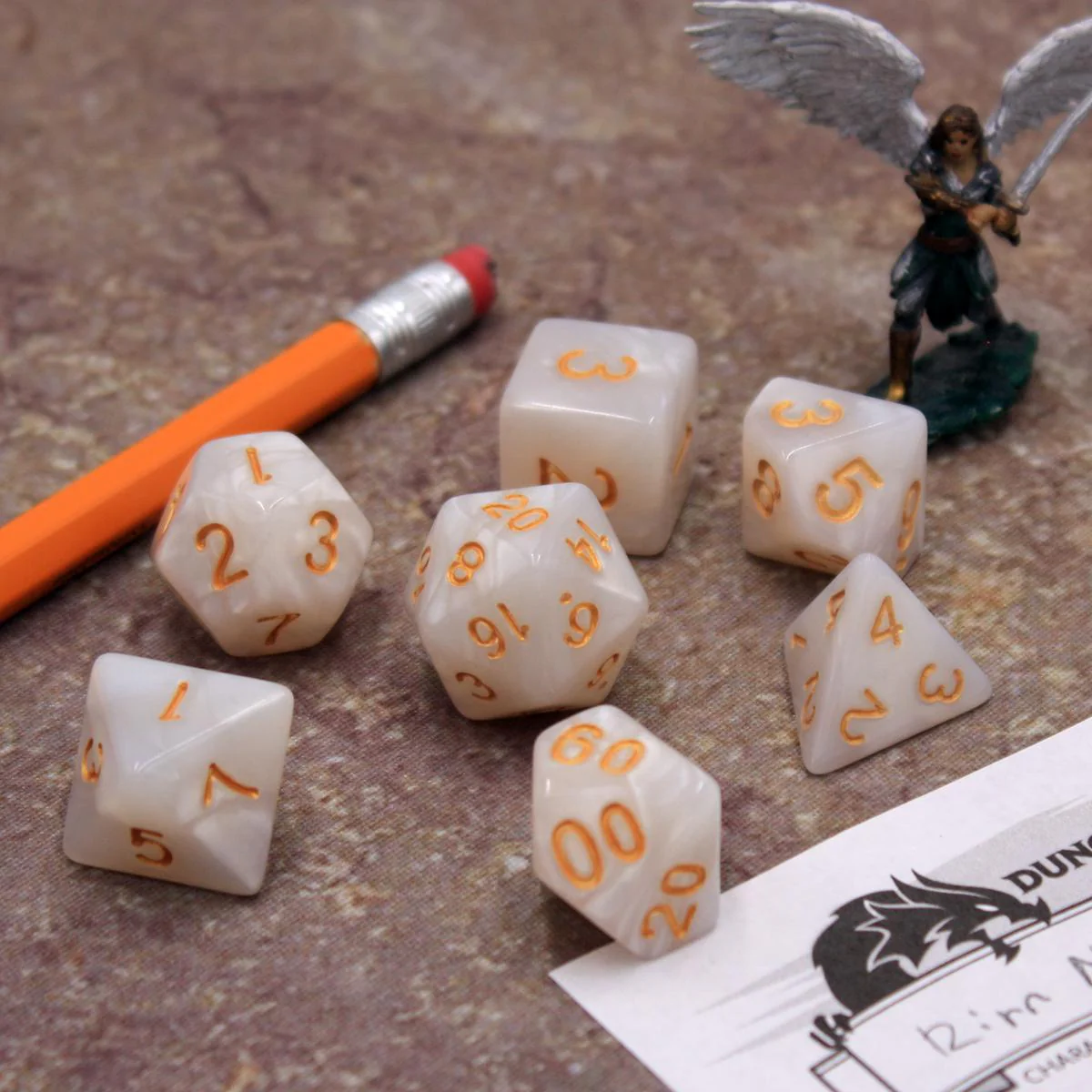 "Milk and Honey" - White Marble with Gold - Polyhedral Dice (7) - Level One Dice - Image 5