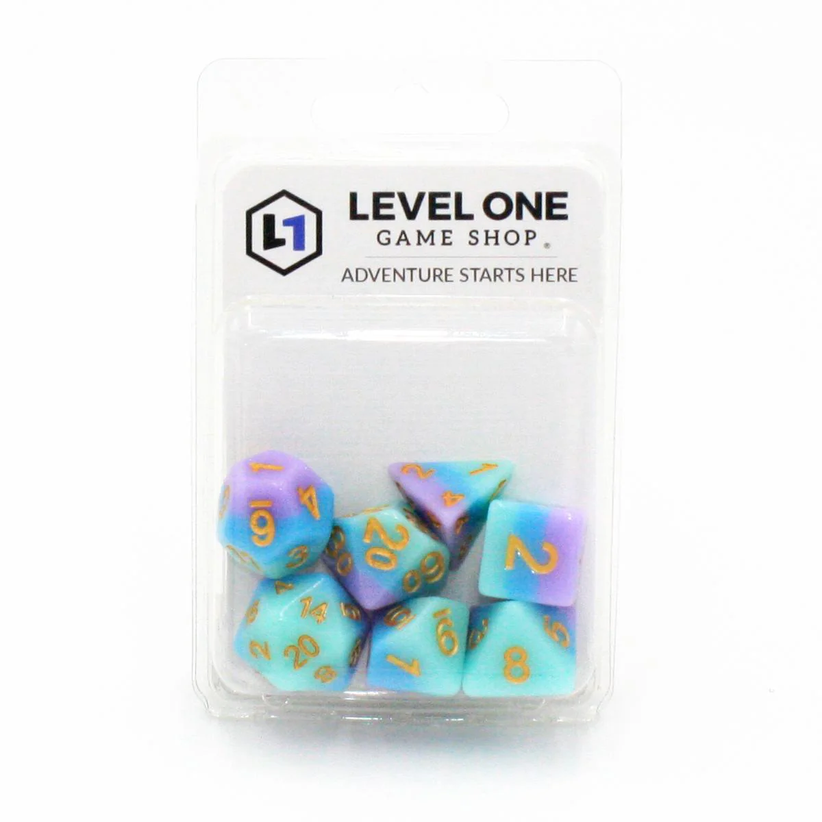 "Mixed Berry" - Blue and Purple Layer with Gold - Polyhedral Dice (7) - Level One Dice - Image 2