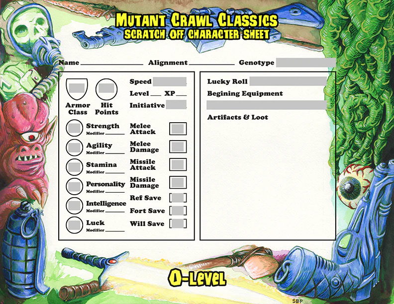 Mutant Crawl Classics RPG: 0-Level Scratch Off Character Sheets