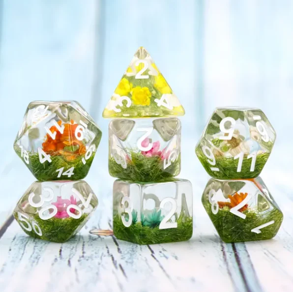 "Nature's Treats" - Flower and Grass Inclusions with White Inking - Polyhedral Dice (7) - Level One Dice