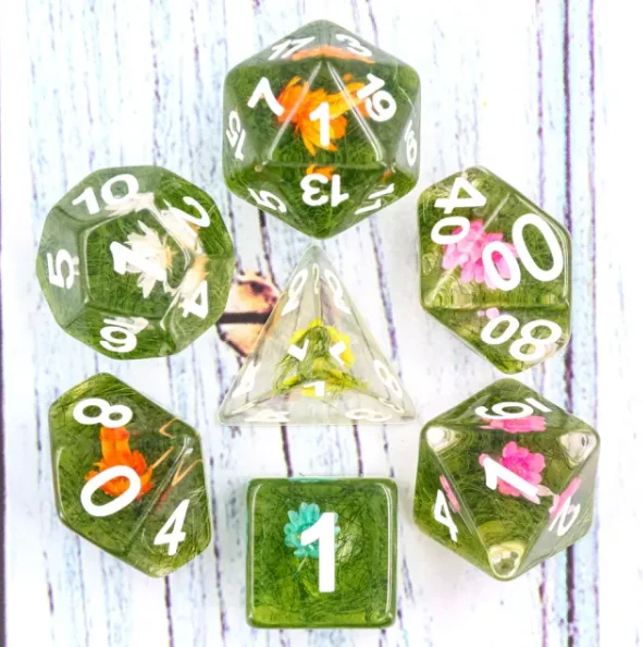 "Nature's Treats" - Flower and Grass Inclusions with White Inking - Polyhedral Dice (7) - Level One Dice - Image 2