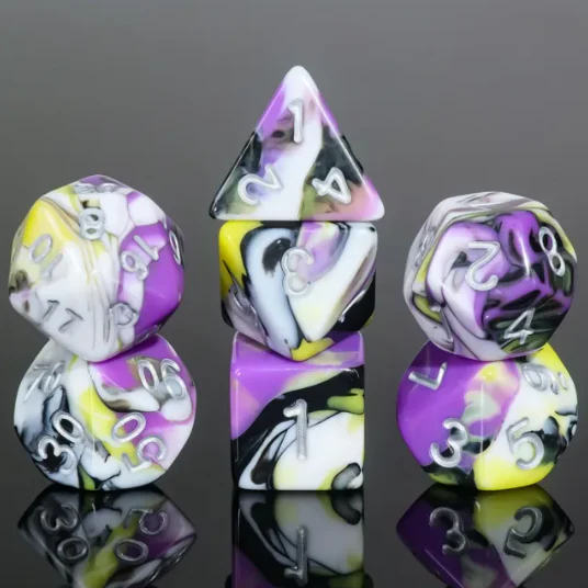 "Oil Berry" - Purple While Yellow and Black Swirl with White Inking - Polyhedral Dice (7) - Level One Dice