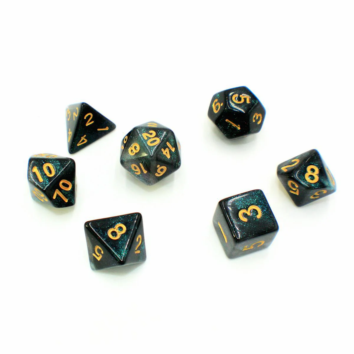 "Oil Spill" - Black and Green Sparkle Swirl - Polyhedral Dice (7) - Level One Dice