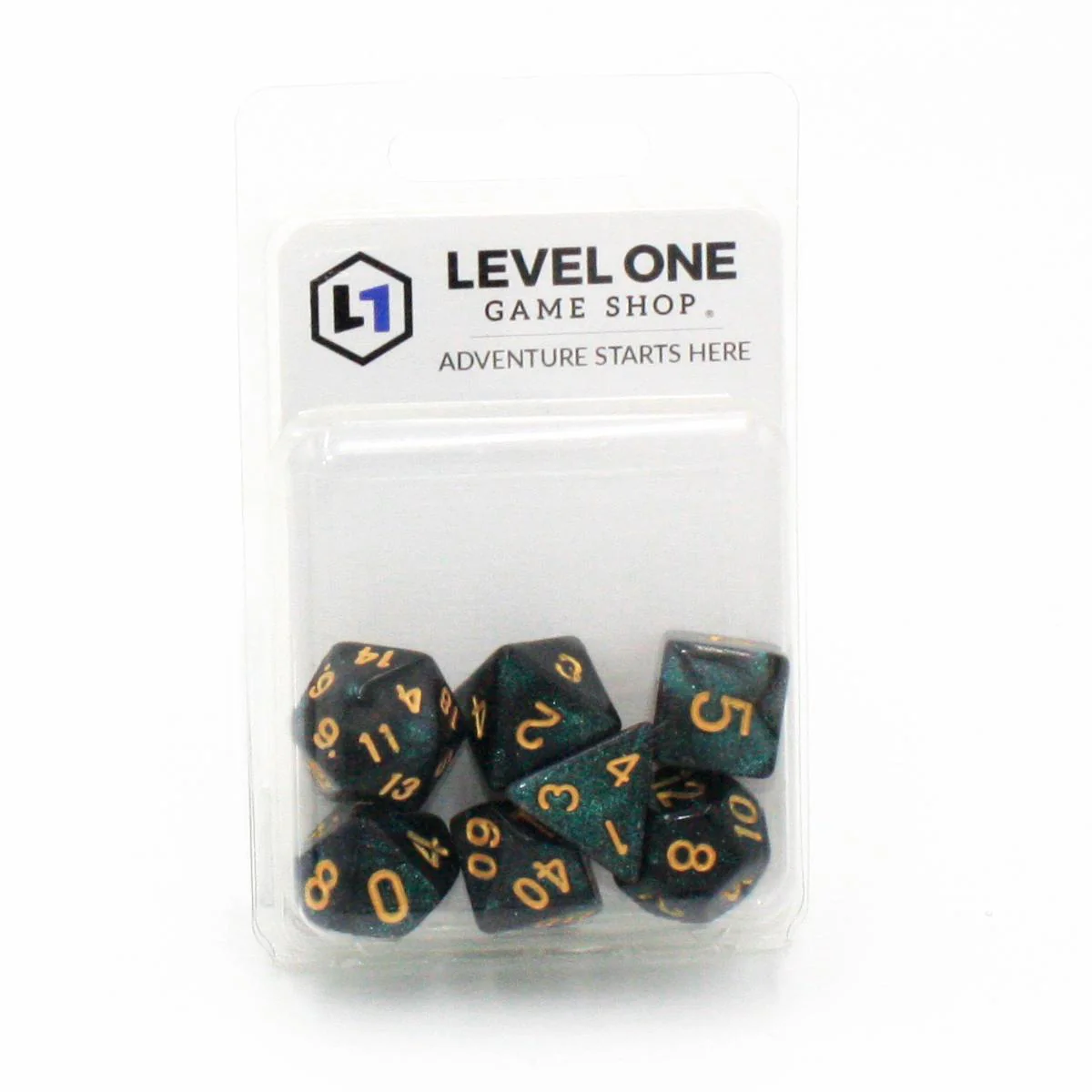 "Oil Spill" - Black and Green Sparkle Swirl - Polyhedral Dice (7) - Level One Dice - Image 2