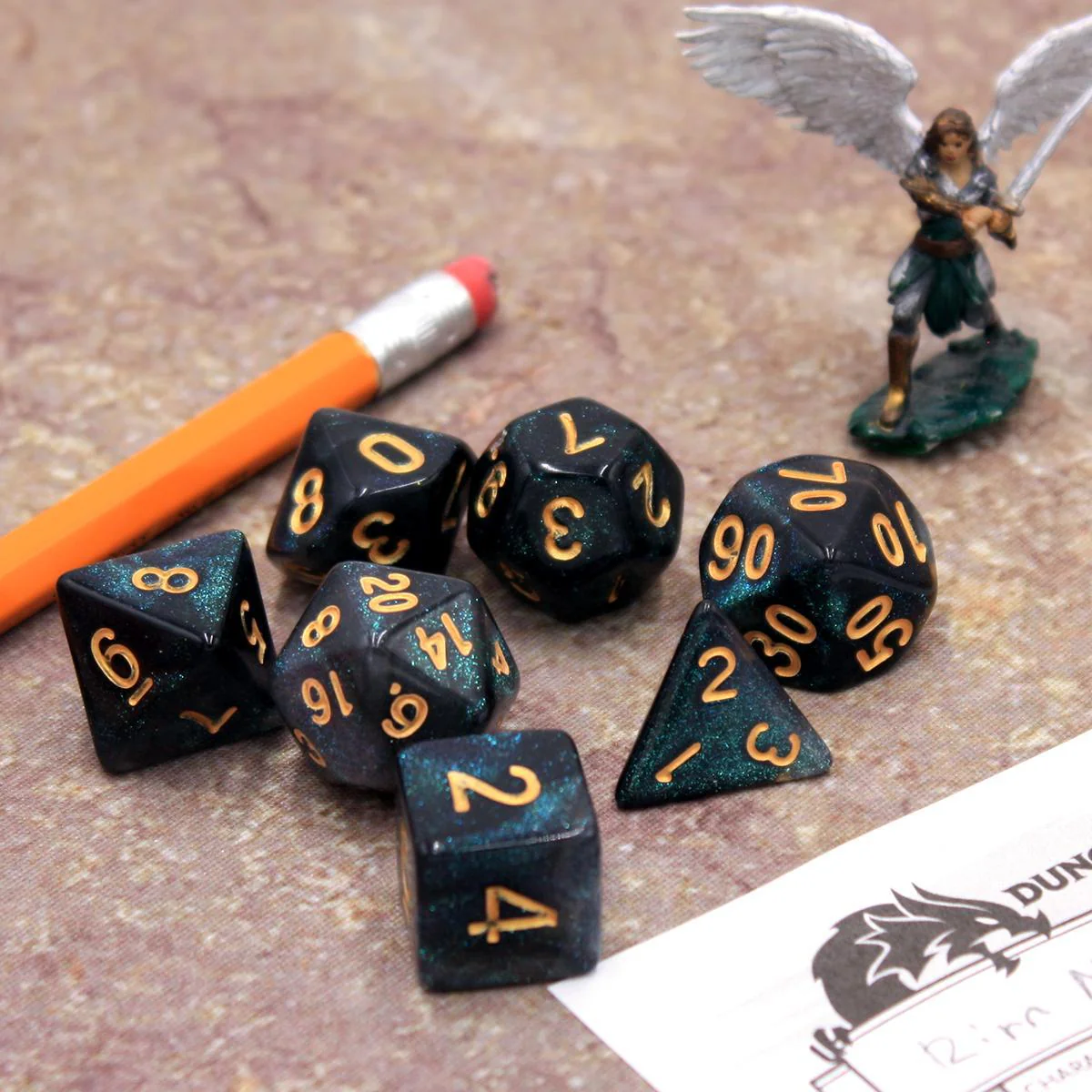 "Oil Spill" - Black and Green Sparkle Swirl - Polyhedral Dice (7) - Level One Dice - Image 5