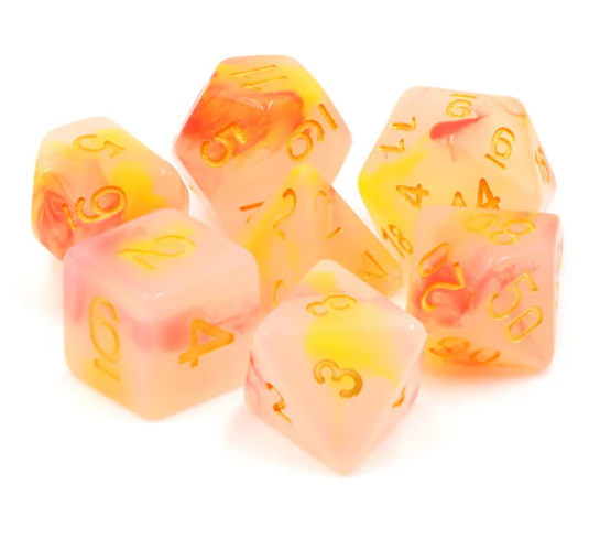 "Peach Tea" - Pink and Yellow Swirl with Gold - Polyhedral Dice (7) - Level One Dice