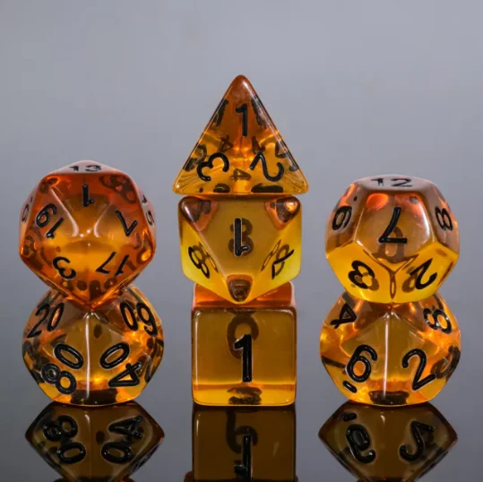 "Peanut Butter Crunch" - Dark Orange with Black Inking - Polyhedral Dice (7) - Level One Dice