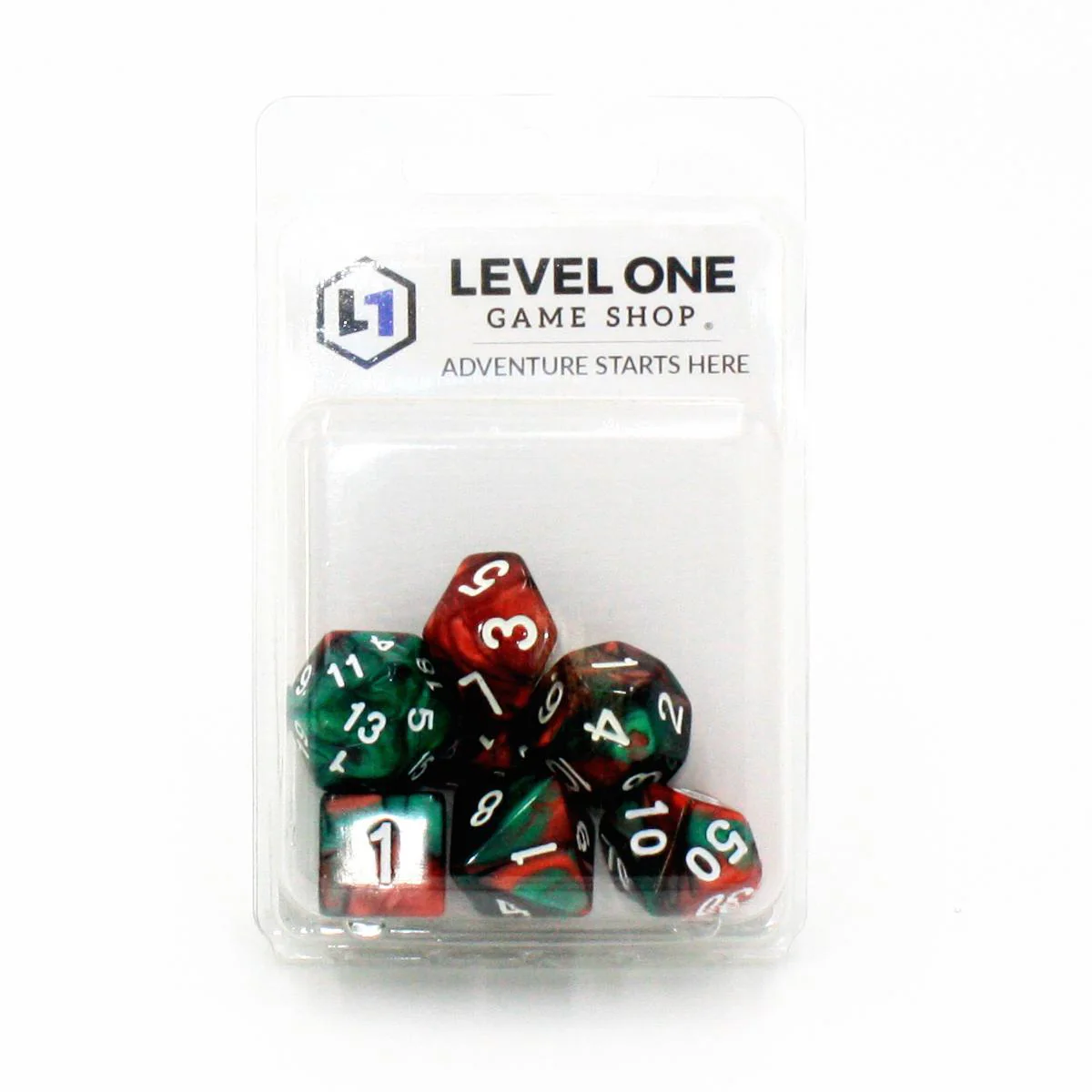 "Pepper Panic" - Green and Red Pearlescent with White Swirl - Polyhedral Dice (7) - Level One Dice - Image 2