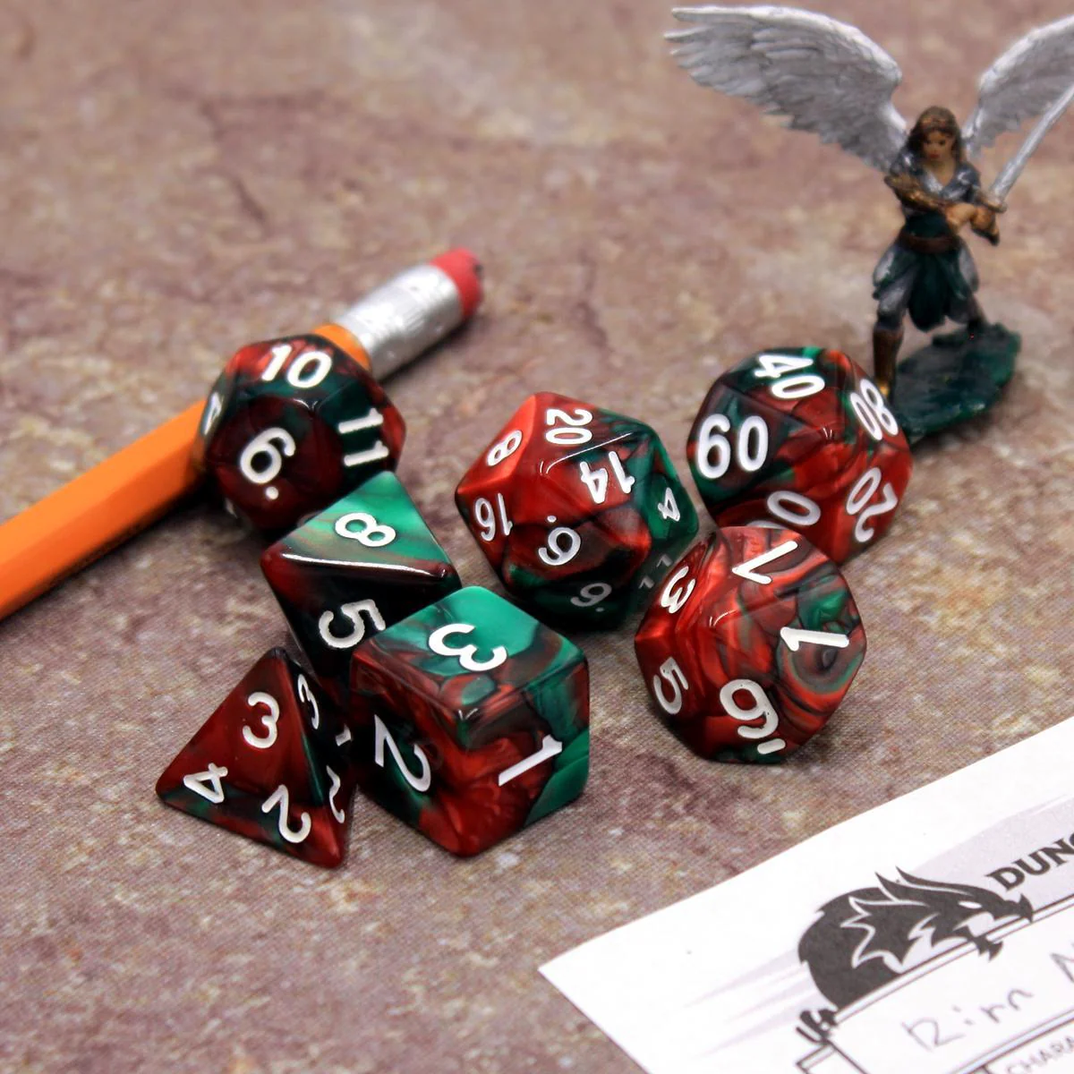 "Pepper Panic" - Green and Red Pearlescent with White Swirl - Polyhedral Dice (7) - Level One Dice - Image 5