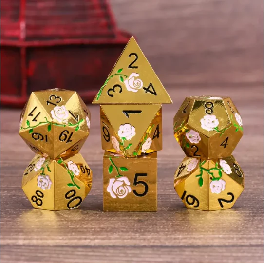 "Pink Rose Garden" - Gold - Metal Dice (7) - Level One Dice