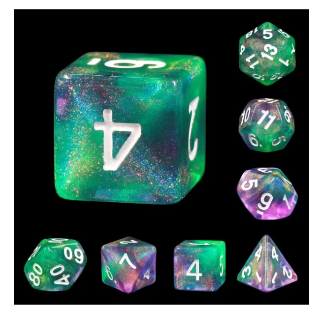 "Portent Potion" - Green and Pink Glitter with White Inking - Polyhedral Dice (7) - Level One Dice