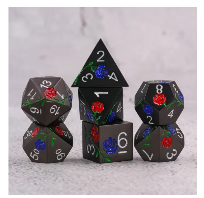 "Potion Garden" - Red and Blue Rose on Black - Metal Dice (7) - Level One Dice