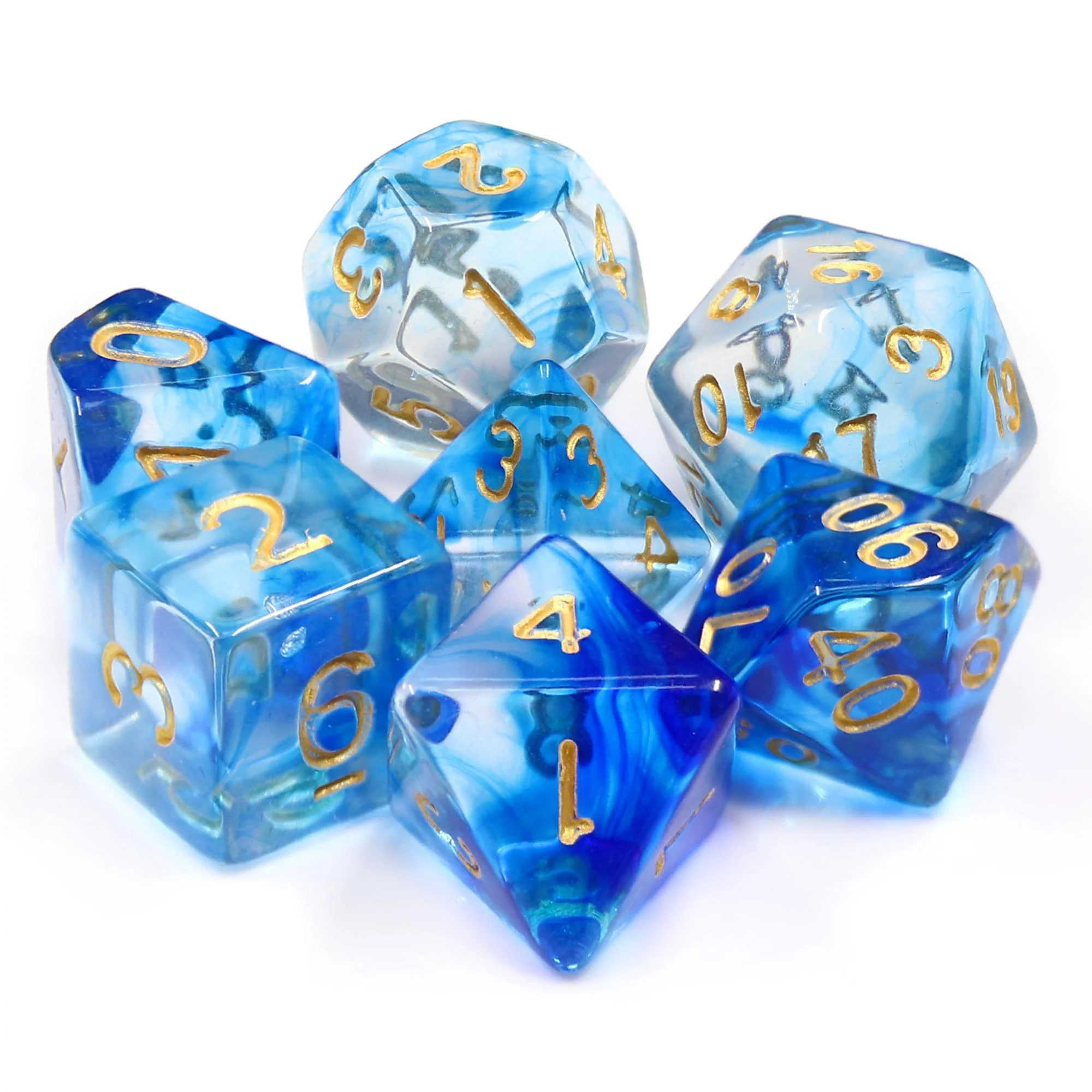"Icy Cooler" - Blue and Clear Swirl with Gold Inking - Polyhedral Dice (7) - Level One Dice