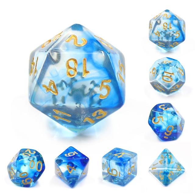 "Icy Cooler" - Blue and Clear Swirl with Gold Inking - Polyhedral Dice (7) - Level One Dice - Image 2