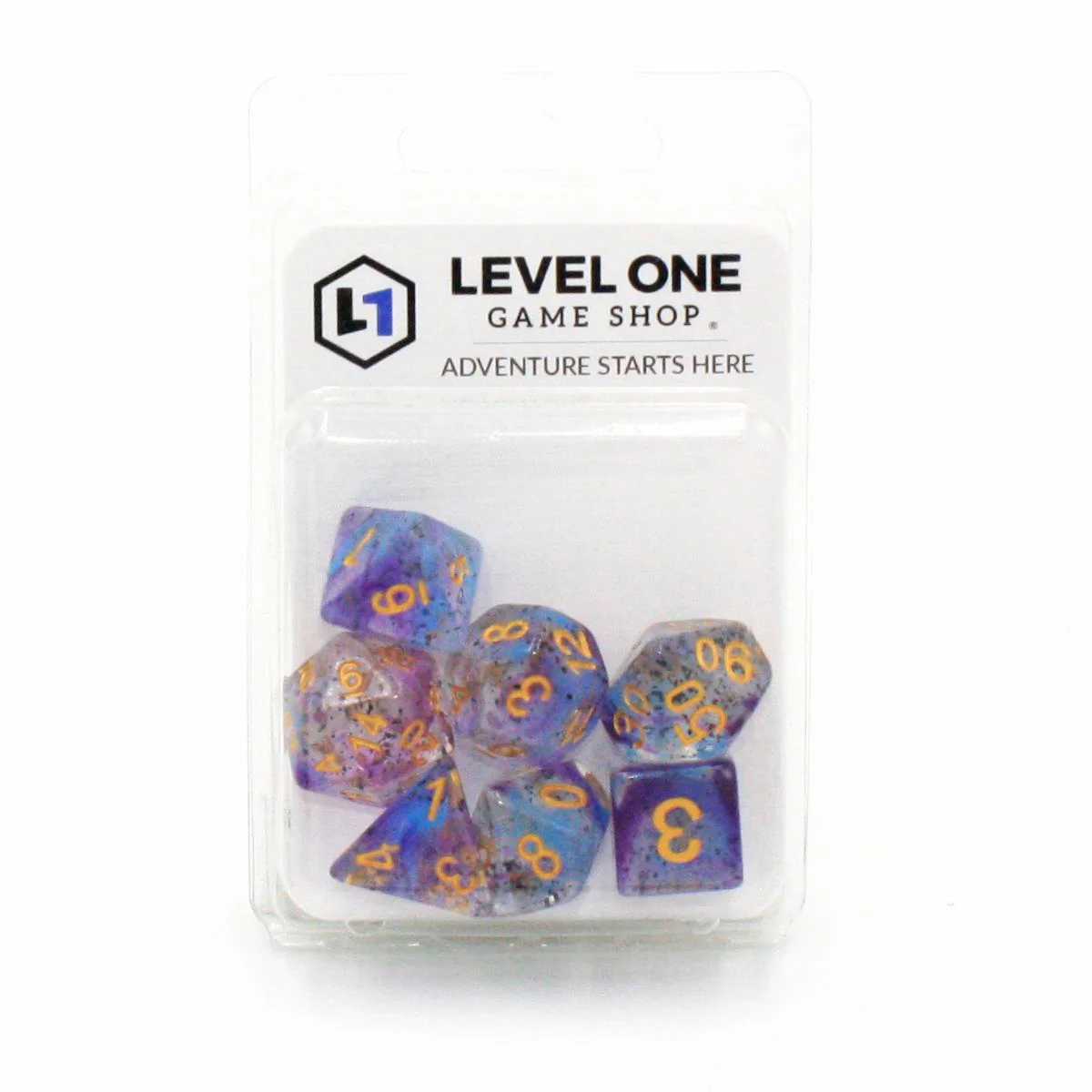 "Radical Raid" - Blue and Purple Swirl with Black Confetti - Polyhedral Dice (7) - Level One Dice - Image 2