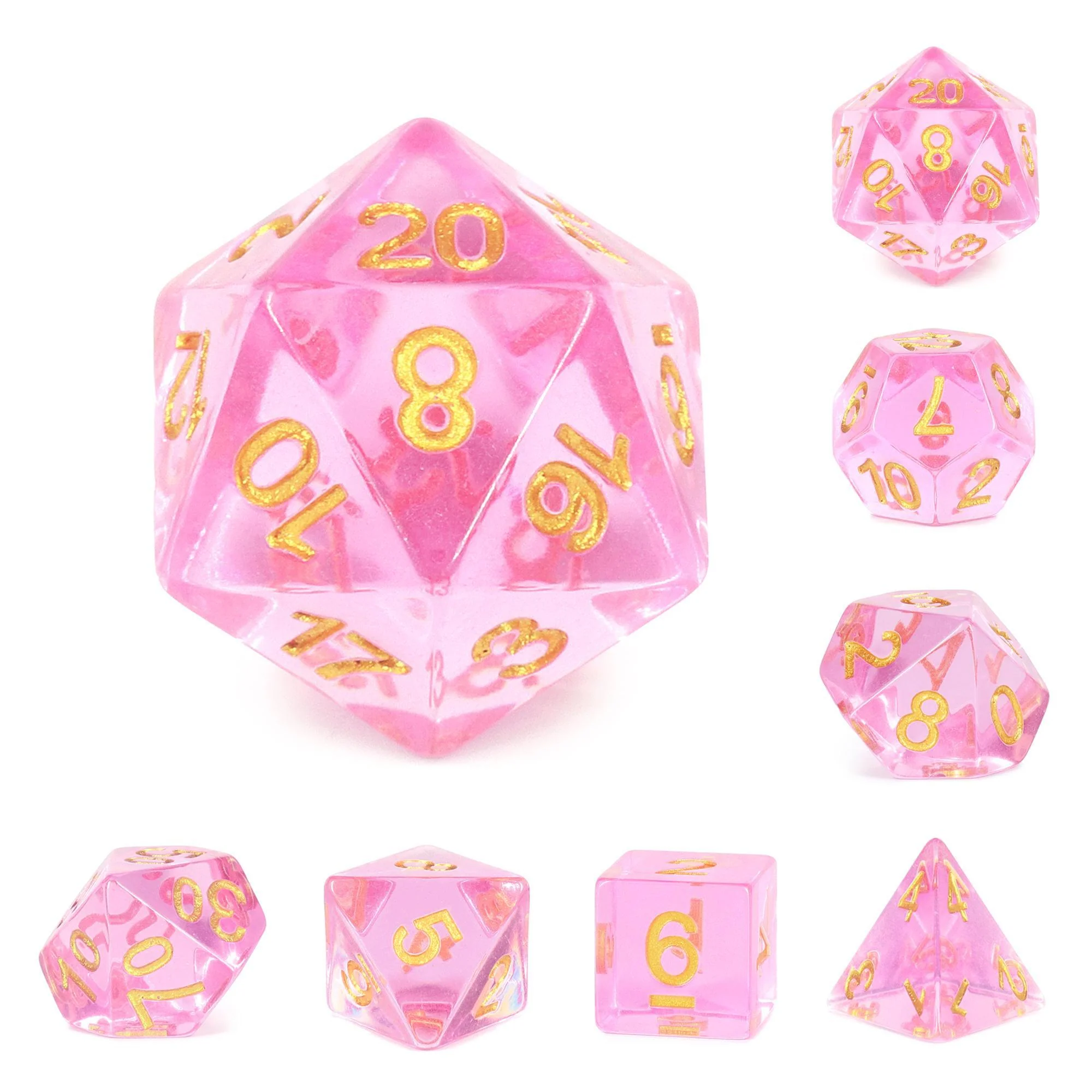 "Sakura Jelly" - Translucent Pink with Gold - Polyhedral Dice (7) - Level One Dice
