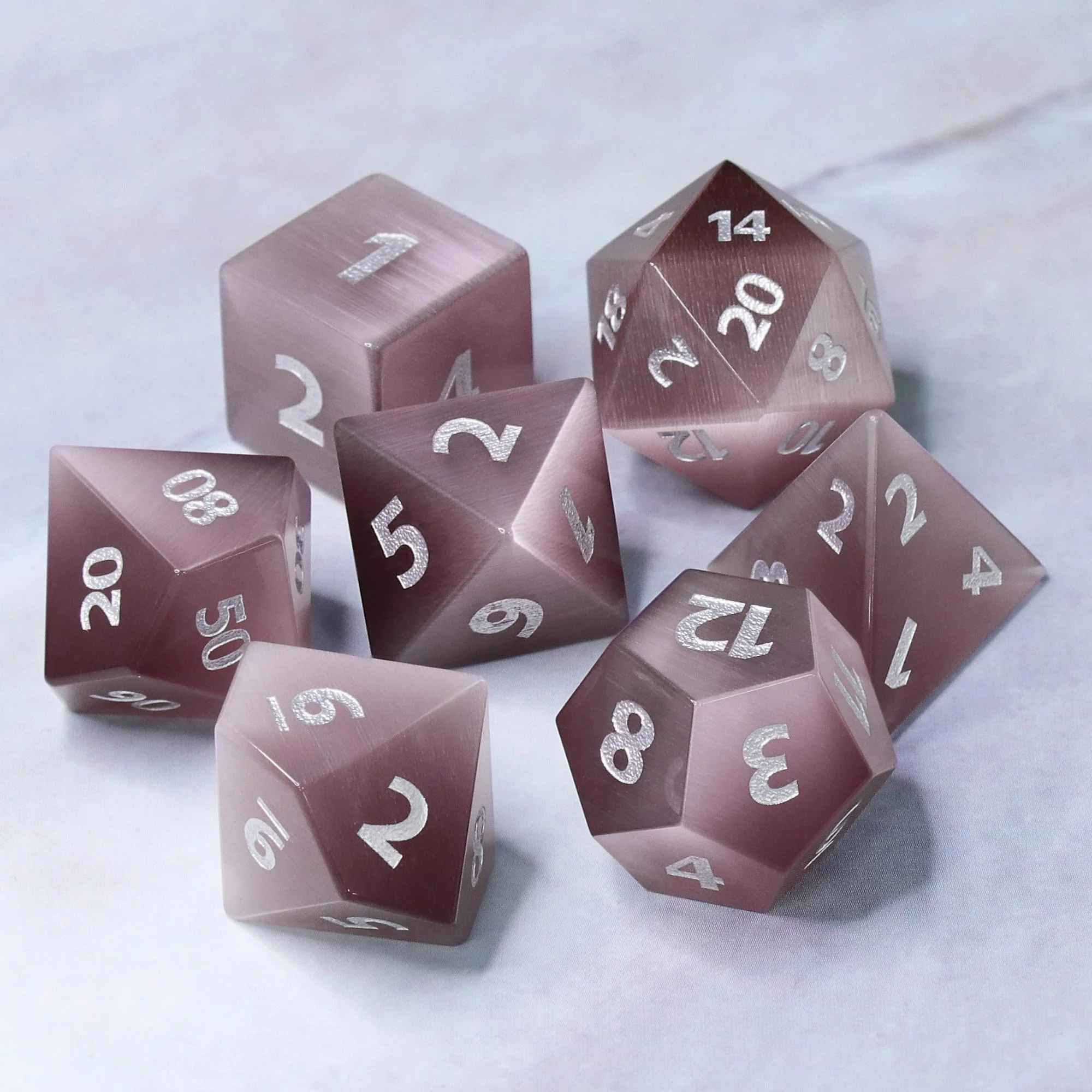 "Sepia Sagestone" - Purple Cat's Eye with Silver Inking - Polyhedral Gemstone Dice (7) - Level One Dice