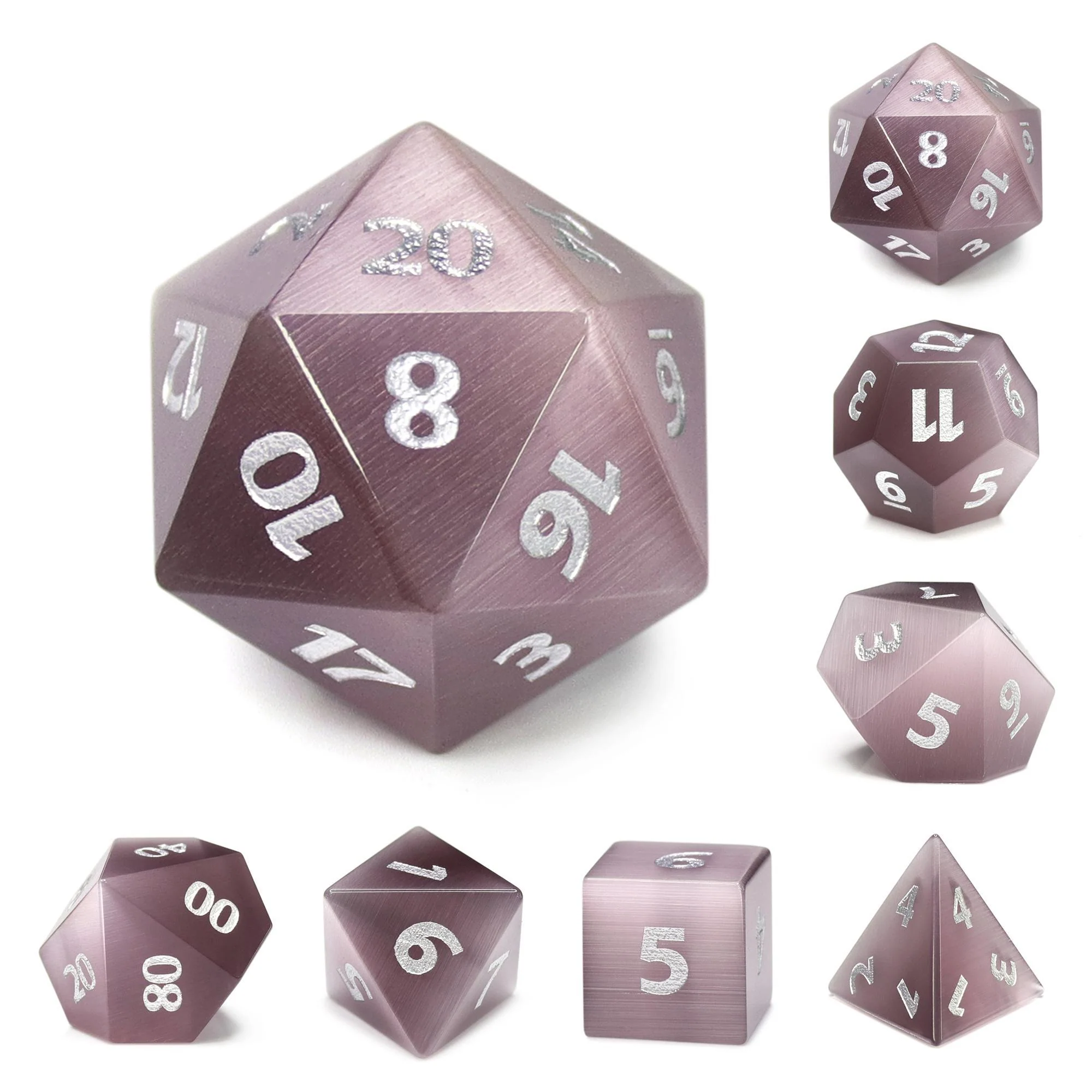 "Sepia Sagestone" - Purple Cat's Eye with Silver Inking - Polyhedral Gemstone Dice (7) - Level One Dice - Image 2