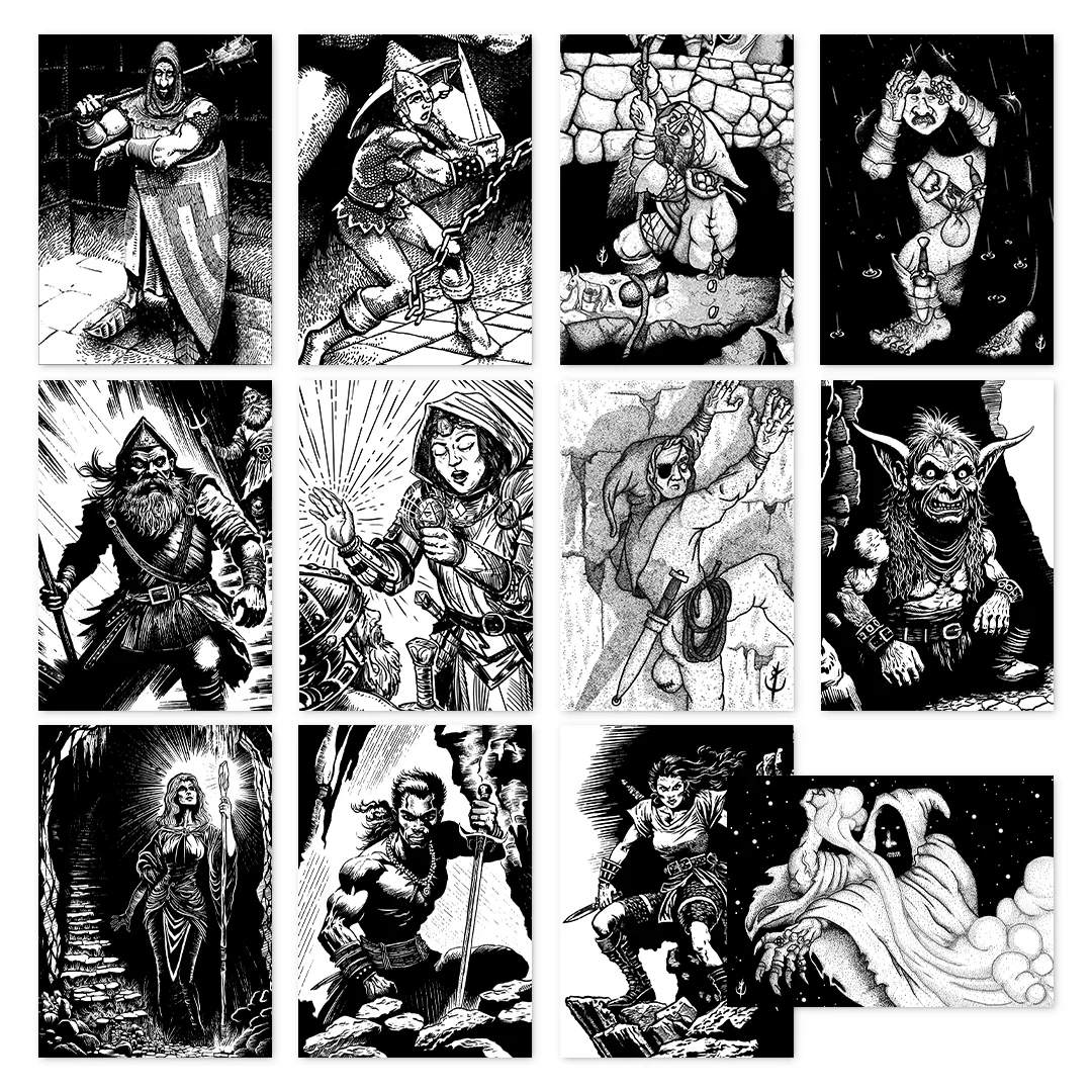 Shadowdark RPG: 12 Premade 1st-Level Character Cards