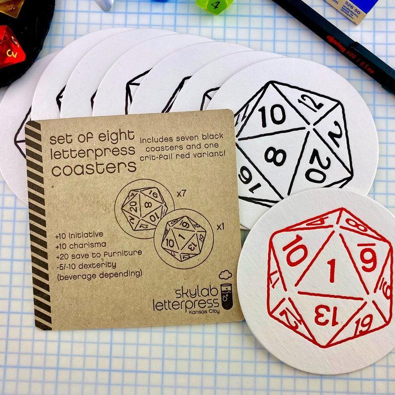 Skylab Letterpress: Critical Fail! D20 Coasters - 8 Pack of Letterpressed Coasters