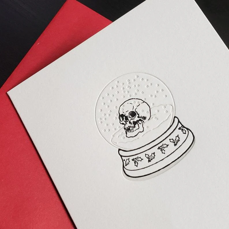 Skylab Letterpress: Skull Snow Globe Greeting Card - A2 Sized Letterpressed Blank Greeting Card