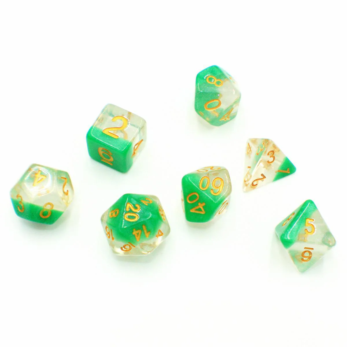 "Slime Surprise" - Transparent Glitter and Green with Gold Layer - Polyhedral Dice (7) - Level One Dice