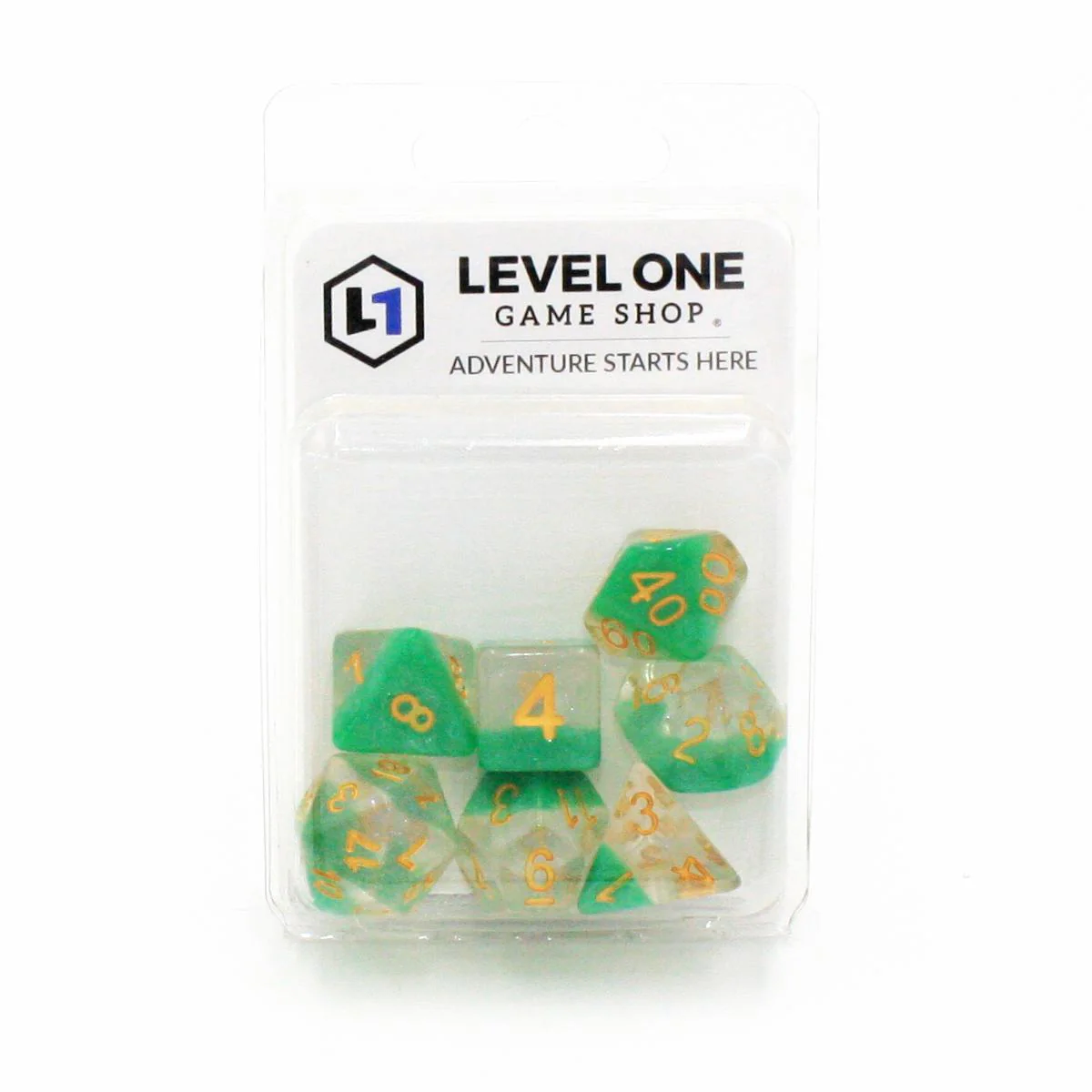 "Slime Surprise" - Transparent Glitter and Green with Gold Layer - Polyhedral Dice (7) - Level One Dice - Image 2