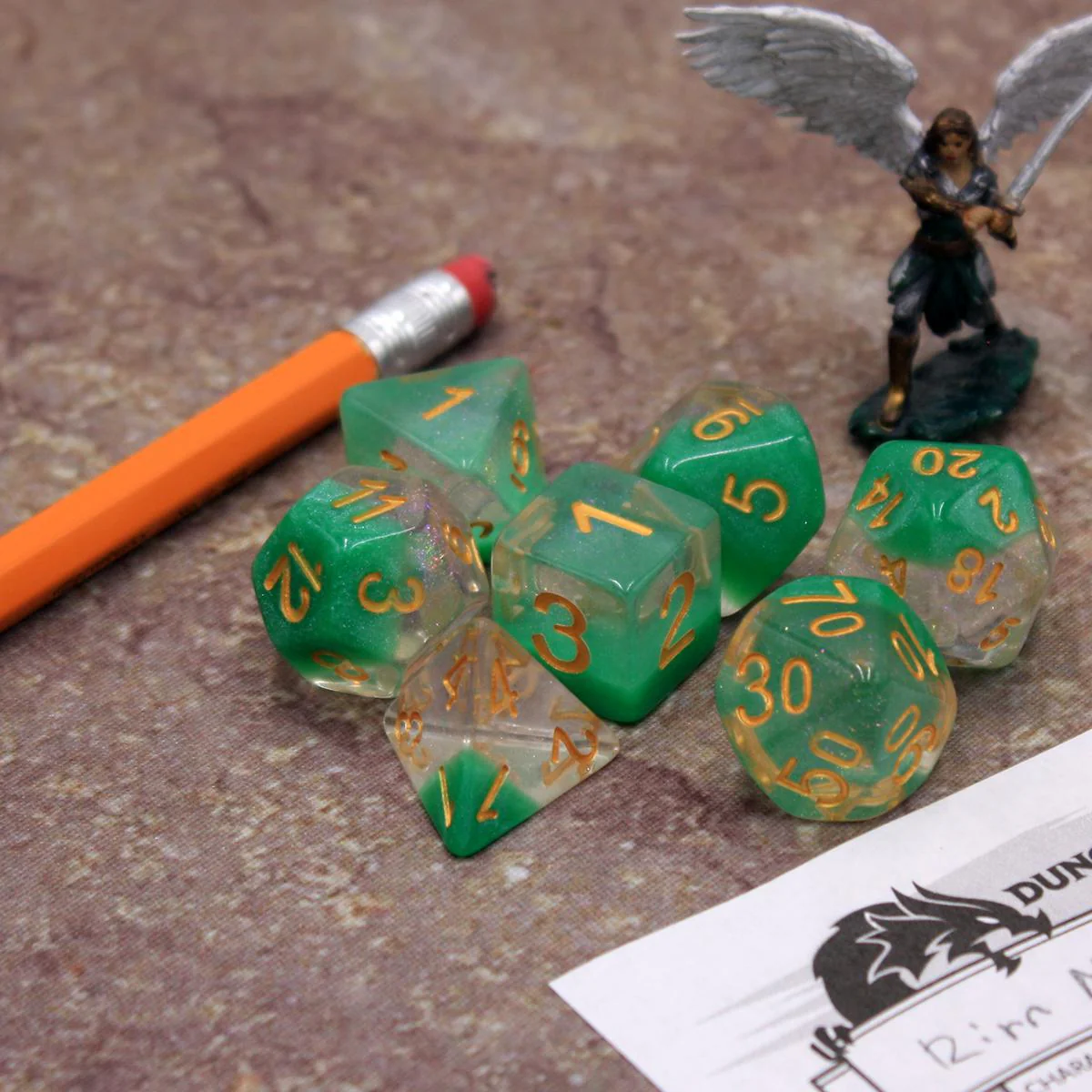 "Slime Surprise" - Transparent Glitter and Green with Gold Layer - Polyhedral Dice (7) - Level One Dice - Image 5