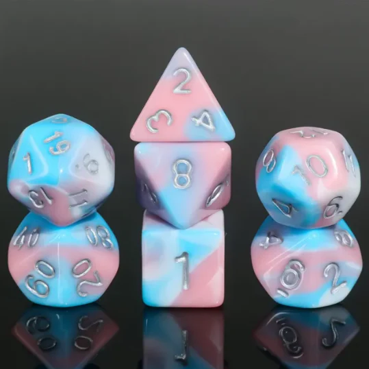 "Smoothie Slush" - Pink and Blue Swirl with White Inking - Polyhedral Dice (7) - Level One Dice