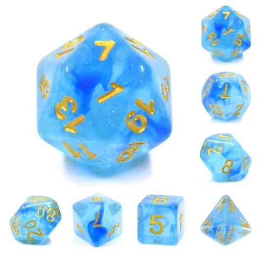 "Sorcery Snow" - Blue Swirl with Gold Inking - Polyhedral Dice (7) - Level One Dice