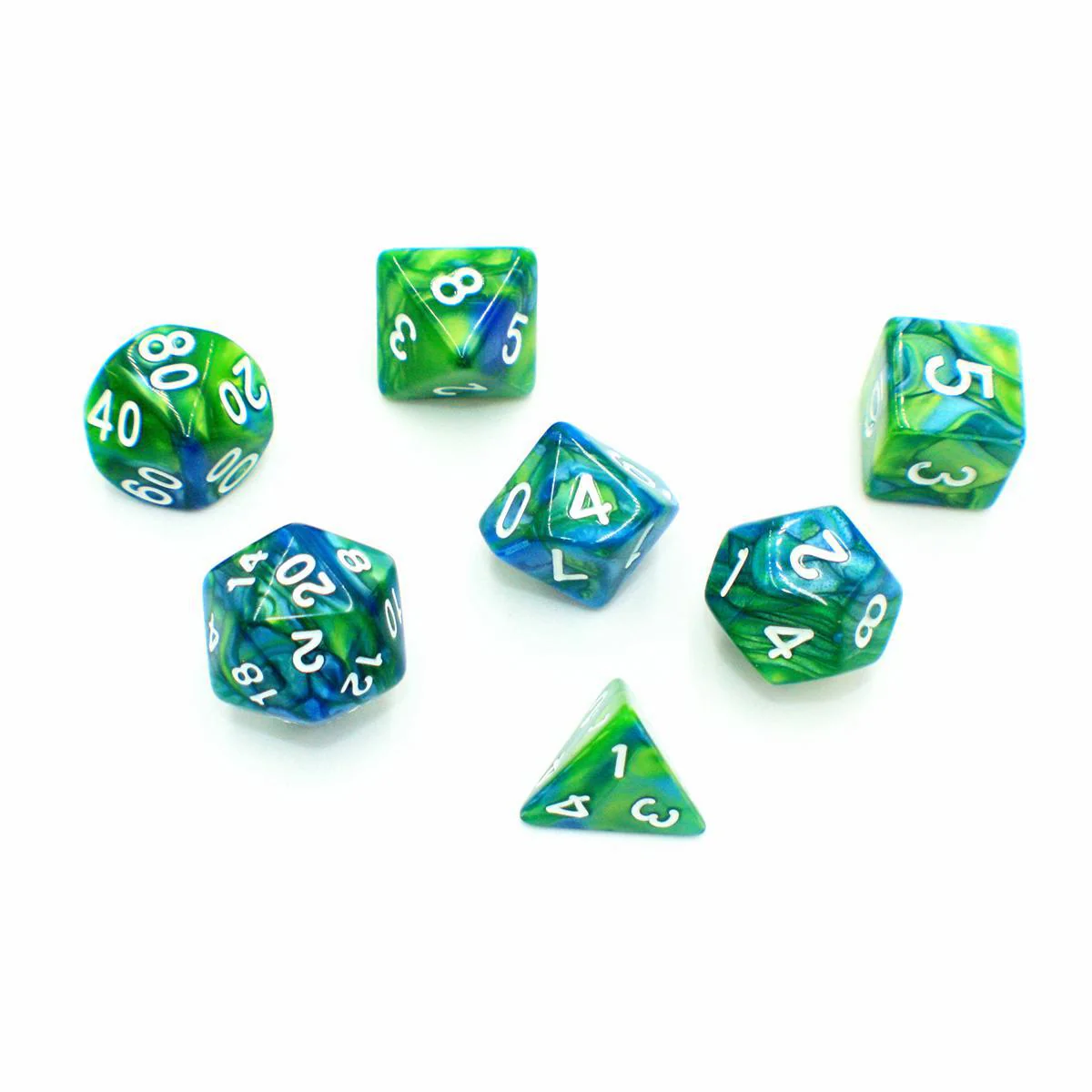 "Sour Blueberry" - Green and Blue Pearlescent with White - Polyhedral Dice (7) - Level One Dice