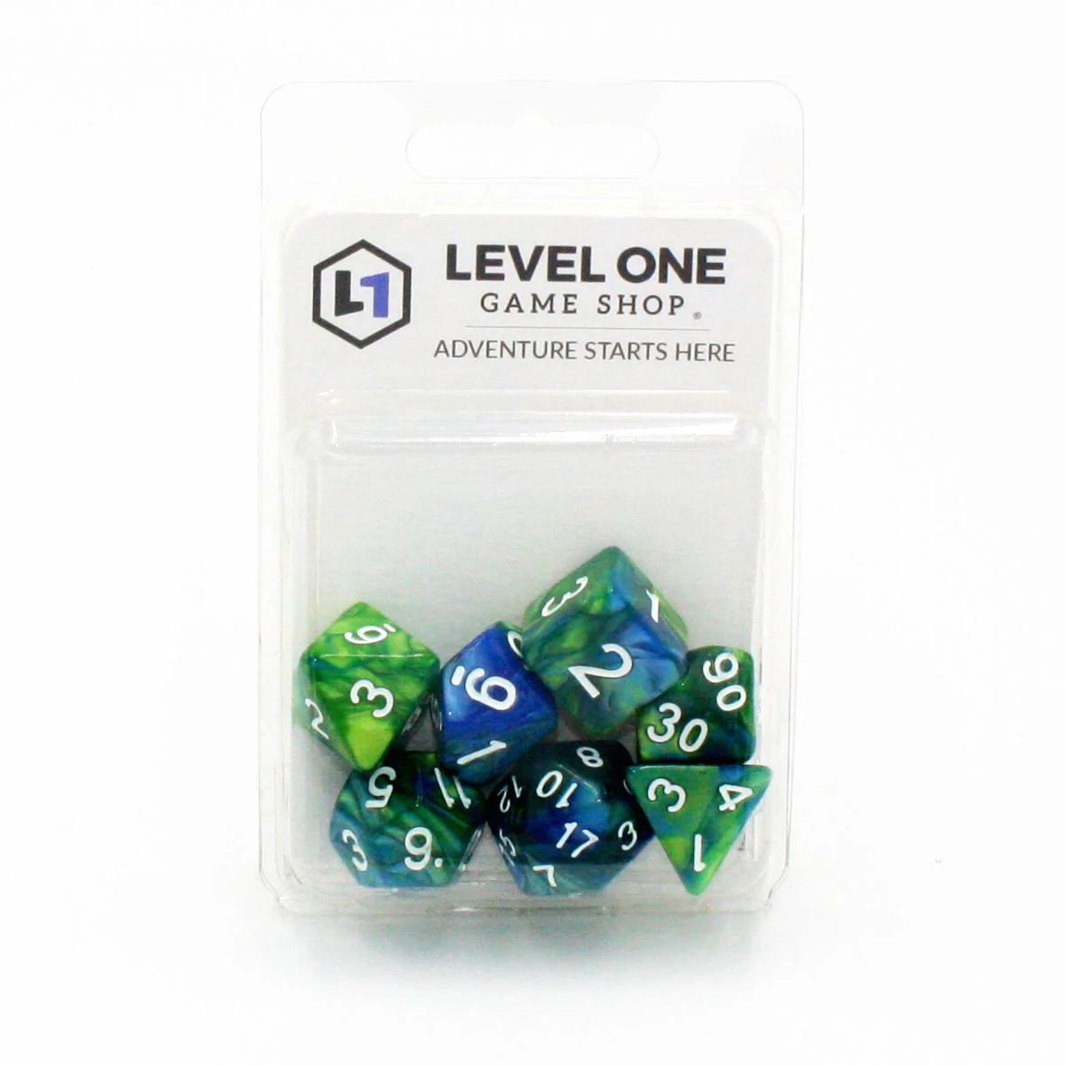 "Sour Blueberry" - Green and Blue Pearlescent with White - Polyhedral Dice (7) - Level One Dice - Image 2