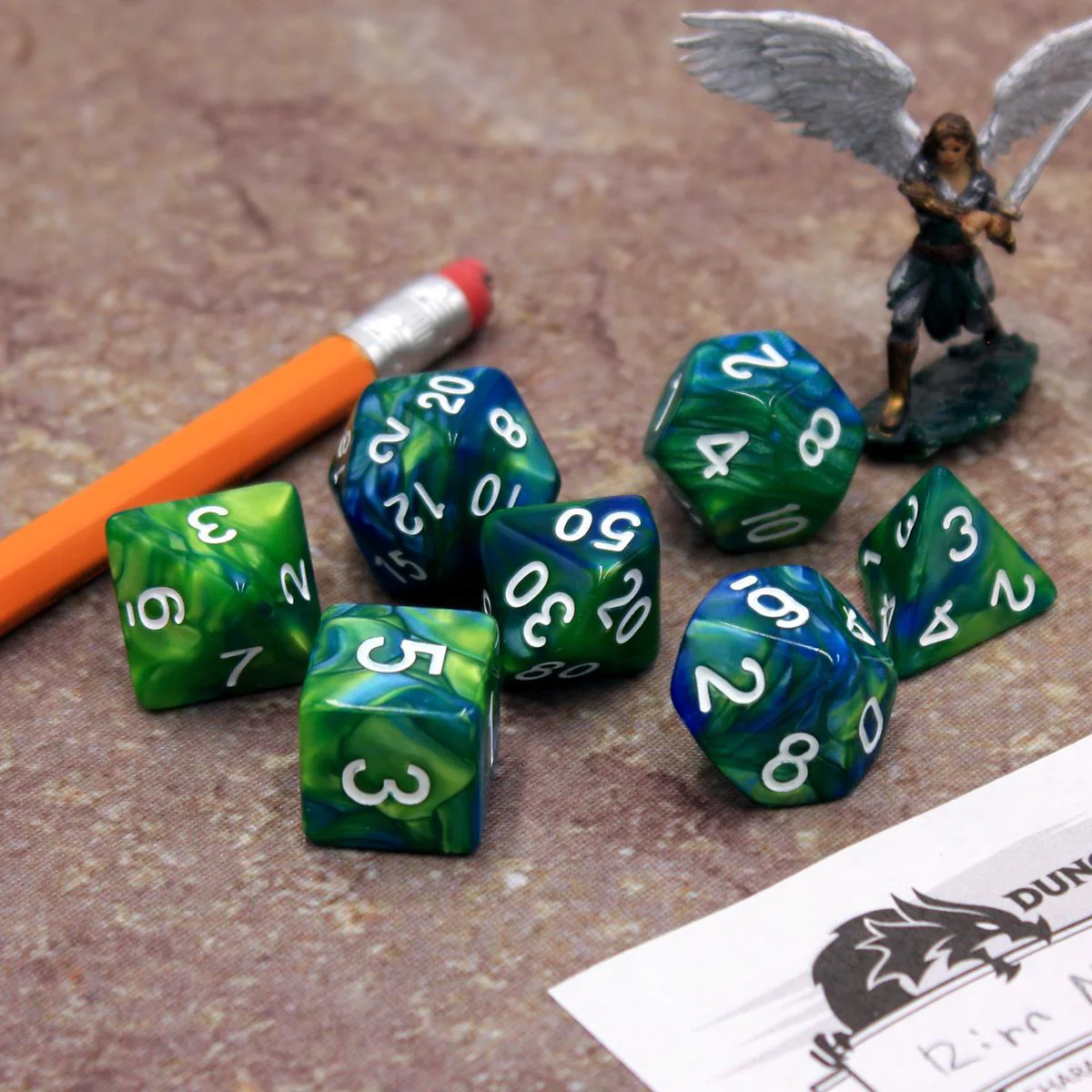 "Sour Blueberry" - Green and Blue Pearlescent with White - Polyhedral Dice (7) - Level One Dice - Image 5
