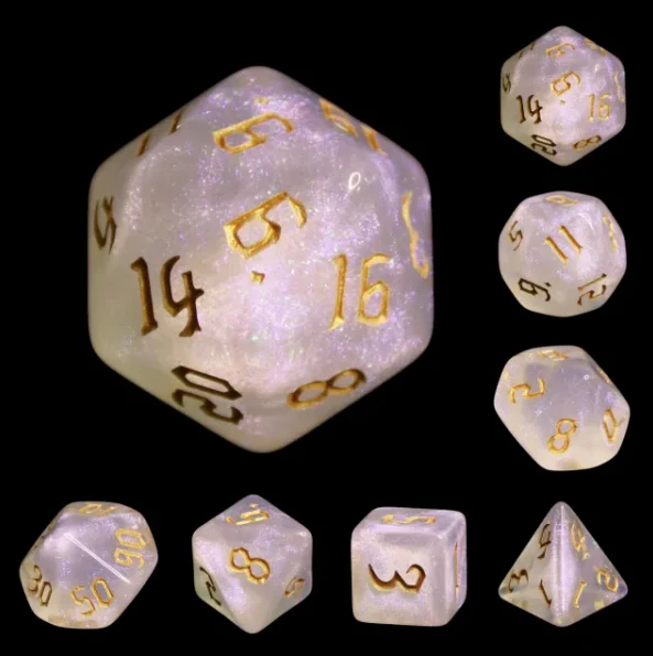 "Spectral Tonic" - Irridescent White Swirl with Gold Ink - Polyhedral Set (7) - Level One Dice