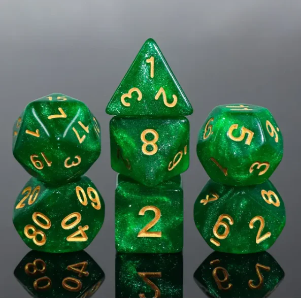 "Stamina Potion" - Green Glitter Swirl with Gold Inking - Polyhedral (7) - Level One Dice