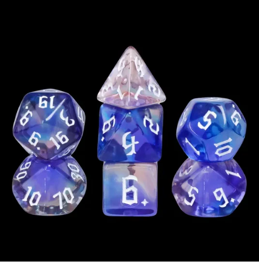 "Stars in a Can" - Purple Blue and Pink Swirl with White Inking - Polyhedral Dice (7) - Level One Dice