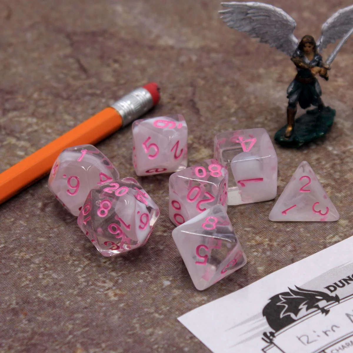 "Strawberry Milk" - Pink and White - Transparent Polyhedral Dice (7) - Level One Dice - Image 5