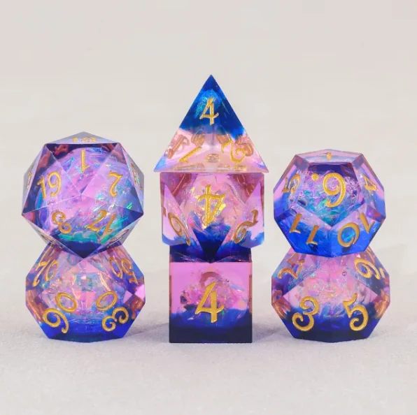 "Sugar Dreamland" Blue and Pink - Sharp Edge Polyhedral Dice (7) - Level One Dice